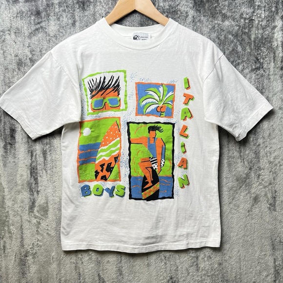Italian Boys Other - Vintage 80s 90s Italian Boys Surf Shirt Single Stitch White Neon Graphic Size S